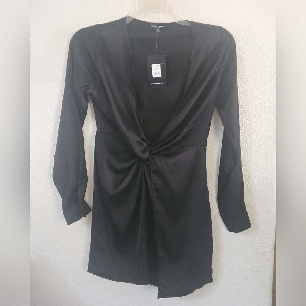 Fashion Nova Black Satin Twist-Front Long Sleeve Dress - Picture 2 of 7